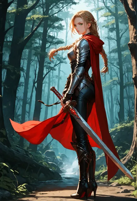 score_9, score_8_up, score_7_up, score_6_up, score_5_up, score_4_up, fantasy art, RPG art, Dark fantasy art, ultra wide shot, RAW, photorealistic, a picture of female human ranger, the ranger, an exquisite beautiful human woman, long blond hair, braided h...