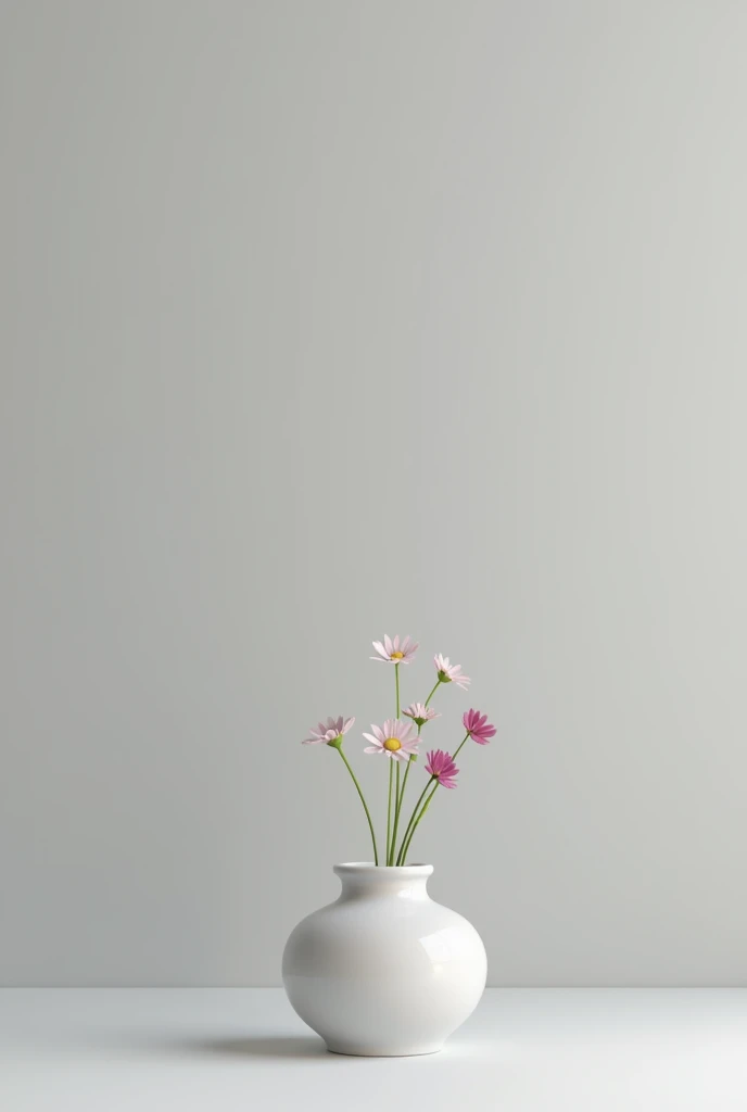 Plain grey portrait Background with small  flower vessel at the extreme side. Include no humans. Just one vessel with flower. No wall frames. 