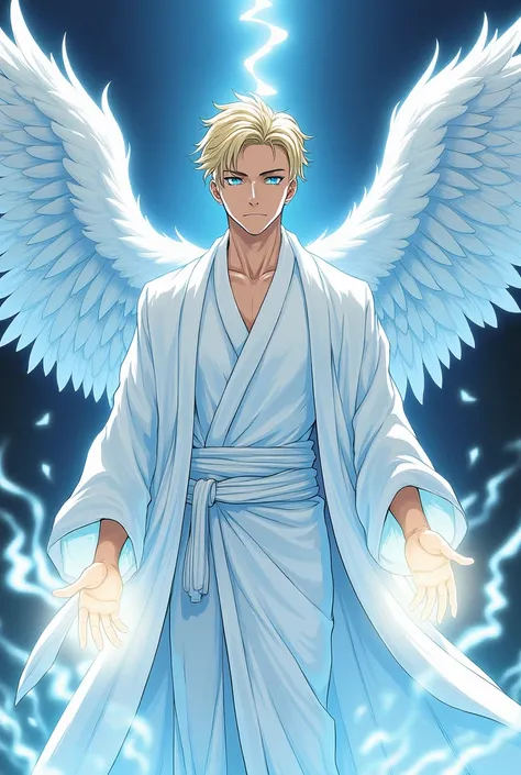 Male Characters
Manga/Manhwa design
Short Blonde Hair
Blue Eyes
Handsome Man
Wear a white kimono 
Calm and Merciless Aura
Uses light powers in his hands 
Its an archangel with white wings on his back 