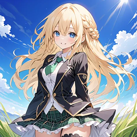 Green (Neptunia ), blonde hair, blue eyes, smile,long hair, french braid, sidelocks, small breasts, narrow waist, wide hips,
 (Black blazer:1.1)、(Regular necktie:1.1)、( black plaid mini skirt:1.1)、(bridal garter:1.1),grassland、blue sky、 cowboy shot leading...