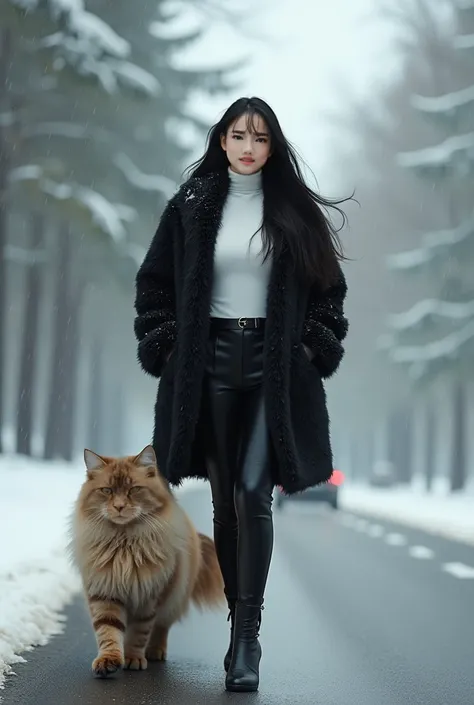 Portrait of Indonesian woman, long black hair, wearing a white turtleneck shirt, thick black fur jacket, black pants, high heels, she poses walking on the highway with a big cat cat, the cat is taller than the woman, realistic cat.very big. Cute cat, Persi...