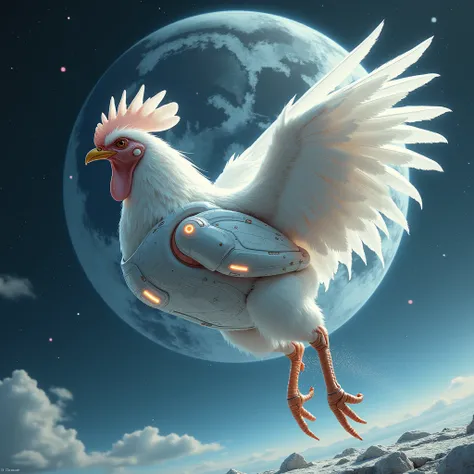 Humanoid white rooster in space suit flying in space, In the background the moon, fantasy, 