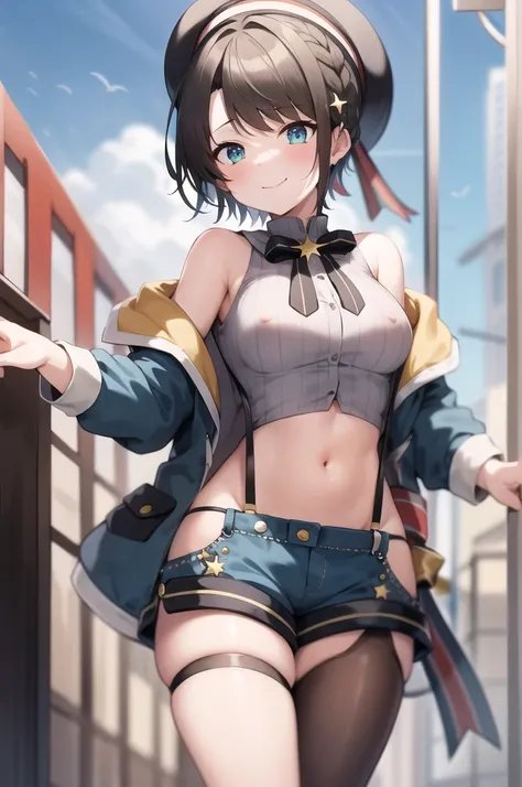 2D, masterpiece,  top quality, Anime,  very detailed,  cowboy shot leading to the climax,  1 girl, Alone, Subaru_ Suspenders, Subaru_ Suspenders,  French Braid ,  blue jacket ,  Grey Shirt ,   Black Bowtie , star (symbol), blue shorts, midriff,  Grey Headw...