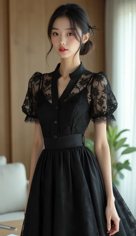 A hyper-realistic depiction of an ultra-slim Japanese woman in her mid-20s wearing a black lace dress with short puffed sleeves and semi-transparent fabric. The dress features intricate floral patterns, a collared design, a cinched waist, and a flared skir...