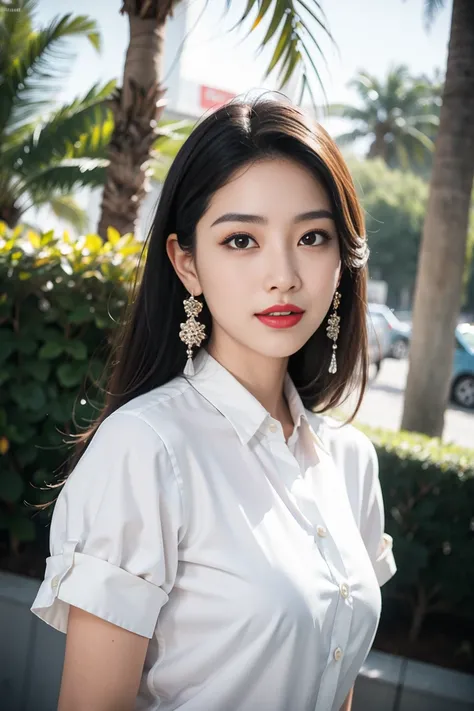 (1 woman:1.3),  Korean, Alone,  full body,earring, eyelashes, Stockings,, (seashore,(Palm tree ),crowd,(white shirt),  floral print ,Red lips),A sexy and seductive smile,, ( huge penis :1.05),(Blusher:0.9),( Skindentation :1.15), realistic, masterpiece,  t...