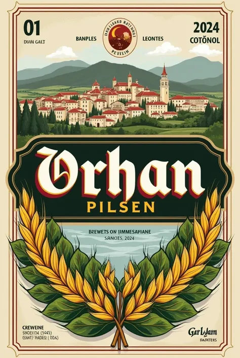 Draw a beer label with a brand name "ORHAN PİLSEN" and "Brewed in Gümüşhane Since 2024" at the bottom. There should be hops and barley images.