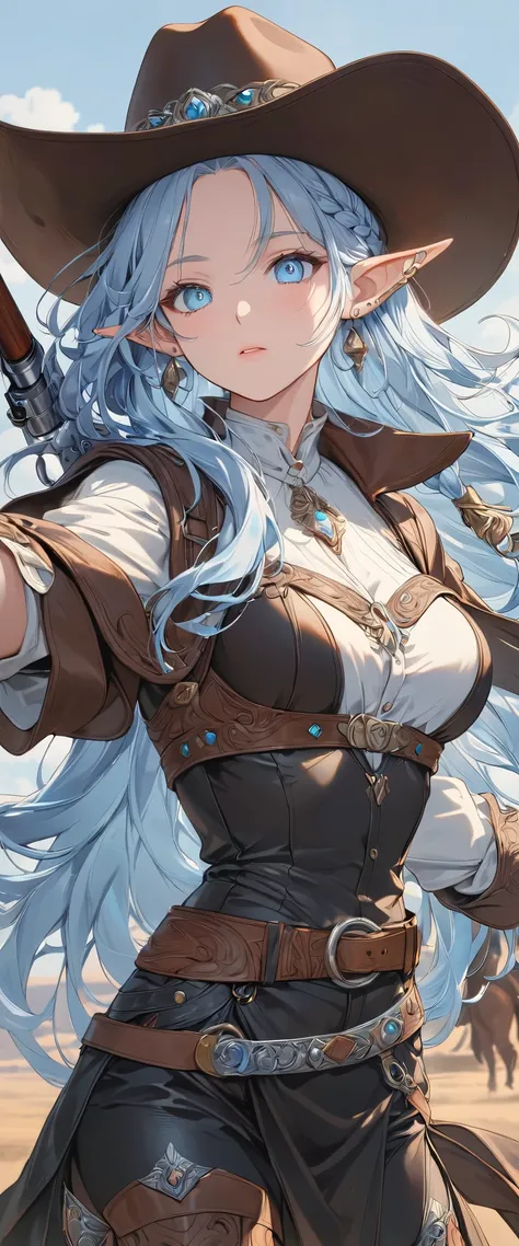 (((Best quality, 8k, Masterpiece: 1.3)), ((best quality)), ((masterpiece)), (detailed), perfect face, (detailed skin:1.3), (intricate details), Detailed eyes, elf, pointed ears, light blue hair, french braid, jewelry, earrings, Cowboys, cowboy hats, gunsli...