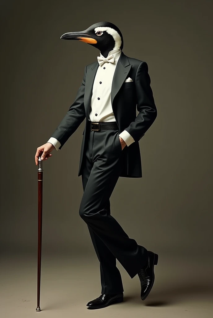 A man holding a cane as if he were Fred Asteire in a dance pose and with the head of Penguin 