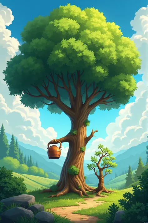 A sapling and a mature tree growing next to that sapling. The big and mature tree on the tree is watering the other saplings with the watering container in its hand. realistic drawing