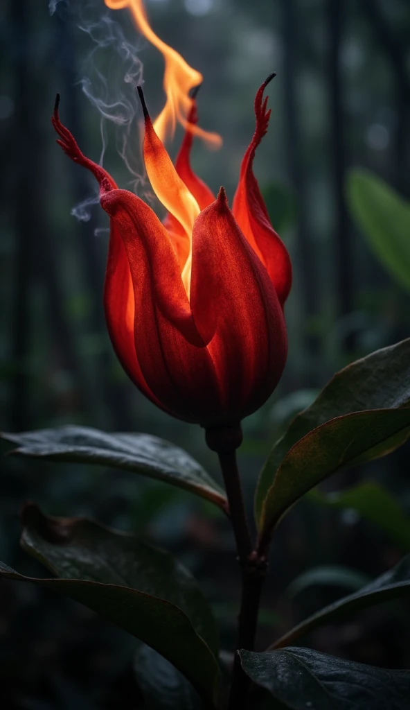 art photo, a surreal and eerie depiction of the *Cuphea llavea*, also known as the Devil’s Cigar, highlighted against a shadowy forest backdrop. The plant’s crimson petals curl outward like smoldering embe
