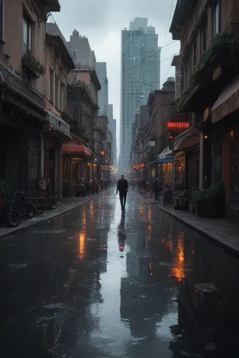 "A detailed skeletal figure walking on a deserted urban street surrounded by towering skyscrapers. The atmosphere is dark and gloomy, with heavy overcast clouds and faint reflections on wet pavement. The lighting is dramatic and shadowy, emphasizing loneli...