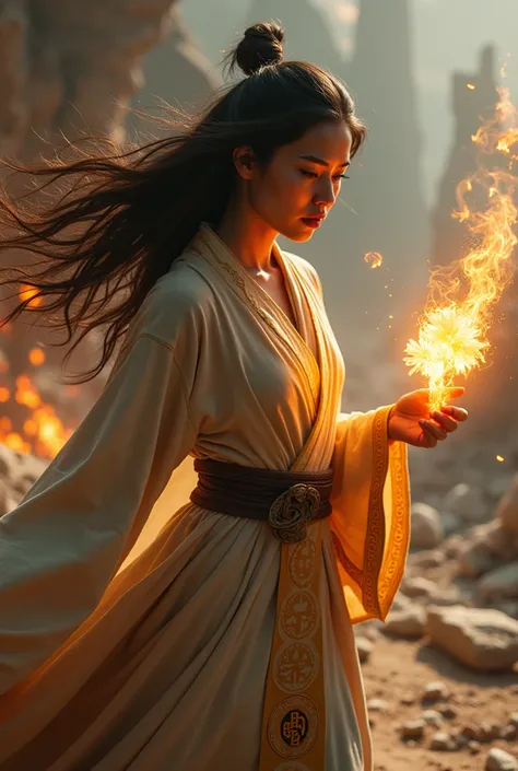 "((RAW Photo), absurd, (absurdresolution)), masterpiece, best quality, (8k wallpaper), (best illustration), (best shadow), realistic lighting, cinematic) — A powerful half-Asian, half-Caucasian mage with warm brown skin, clad in elegant, flowing robes insp...