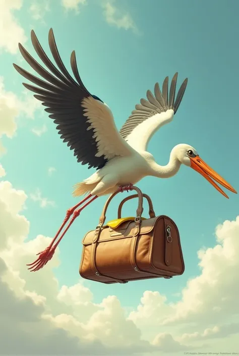  Create an image of a stork flying, Where you hold a bag with a beak ,  and inside the bag a yellow Camaro  