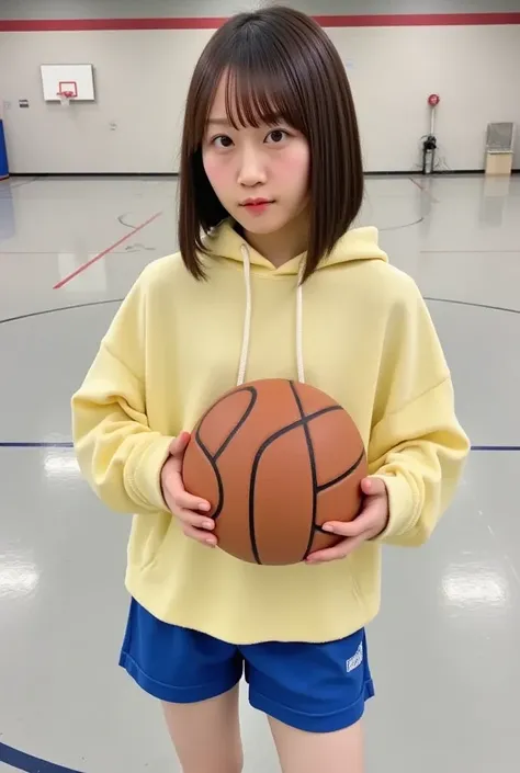 masterpiece, high quality, The girl is holding a basketball with both hands and looking straight ahead, wearing a loose yellow hoodie, blue sports shorts, and high-cut basketball shoes, with short bob brown hair, large brown eyes, a slightly surprised expr...