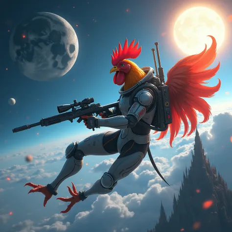 Humanoid rooster in space suit flying in space with solar lenses, In the background the Moon and the Sun, fantasy, without helmet, holding a rifle, With Midara Assasina