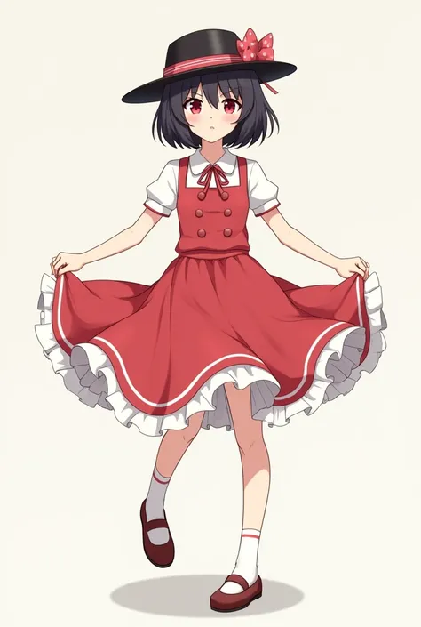 Illustration of a girl with short black hair and red eyes wearing a hat spreading her skirt