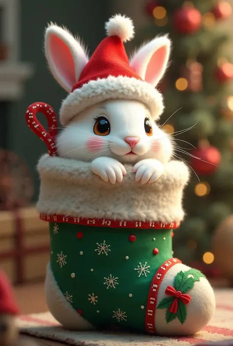 Bunny with a Christmas hat tucked into a Christmas stocking 