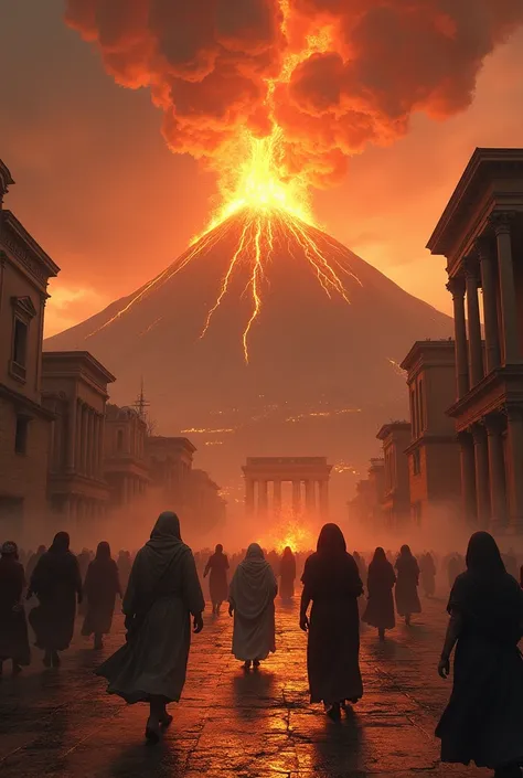 An epic volcanic eruption in an ancient city, depicted with breathtaking detail and complexity. The background is dominated by a massive volcano erupting with force: molten lava cascades down its slopes, thick clouds of dark ash rise into the sky, and fier...