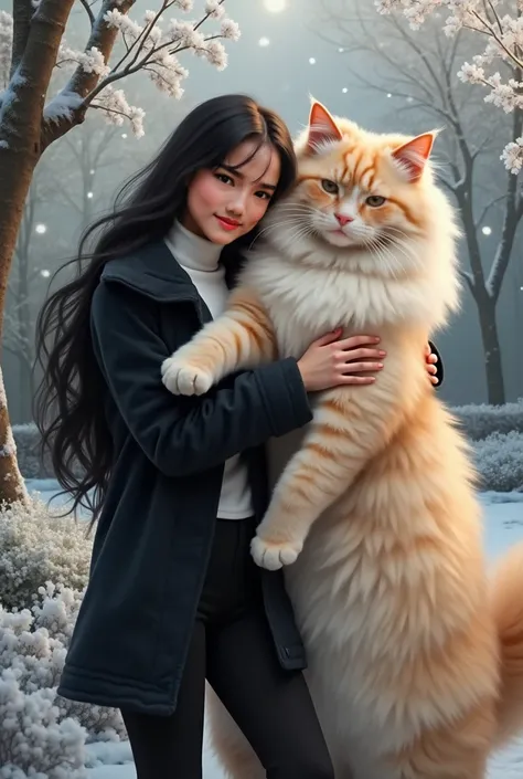 Portrait of Indonesian woman, long black hair, wearing a white turtleneck shirt, thick black fur jacket, black pants, she poses hugging a very big cat, the cat is taller than the woman, very big. Cute cat, realistic cat. Persian cat, soft fur, garden backg...