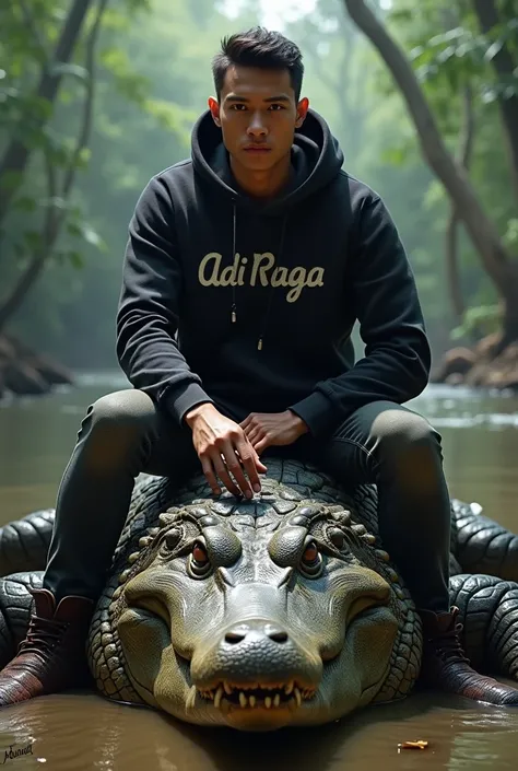  Make a handsome young white Indonesian man , sitting on the back of a large crocodile, while smoking,wear a hoodie sweater with the name"adi raga"