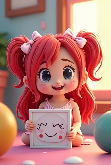  Roblox an Initial doll with red hair with beautiful bows,  sign with a happy face , With the pose holding 