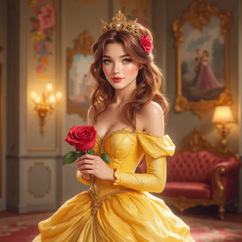 Belle, in her classic revealing yellow dress, holding a red rose