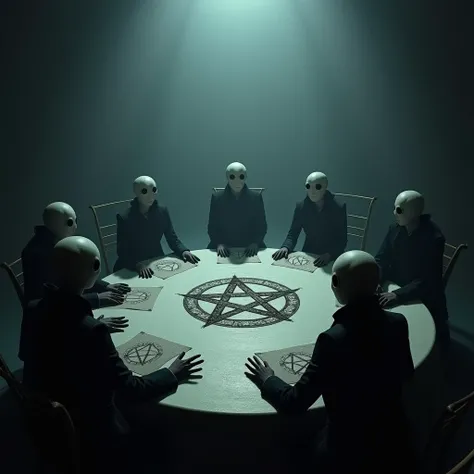 Images of a round table with faceless figures dressed in dark suits, their large round eyes resembling characters from Tim Burton’s style. The table is dimly lit by a cold, eerie glow that creates long, stretched shadows, as if the figures were floating. I...