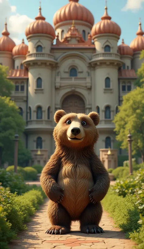 "A bear standing in front of a luxurious palace with intricate architecture, surrounded by lush green gardens, vibrant greenery in the background, realistic textures and lighting, sharp focus, 8k resolution."