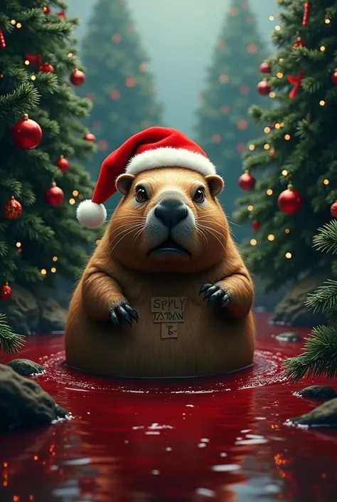 The evil Capybara looks at the camera wearing a Christmas hat in a lake of blood against the background of decorated Christmas trees for the new year and the inscription Capibara 18 in the middle+