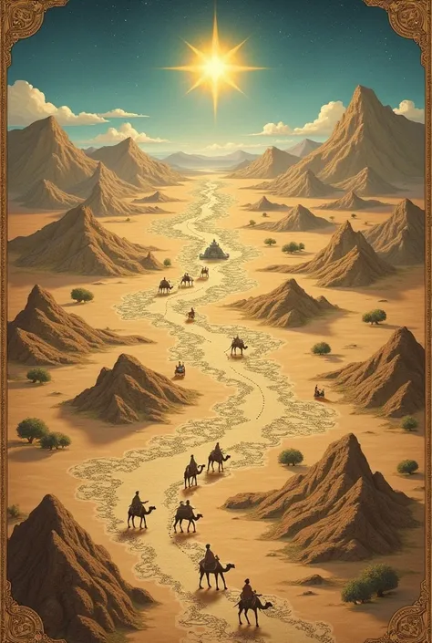 A detailed map with dotted lines leading across ancient landscapes, including mountains, rivers, and deserts. Small illustrations of camels and travelers mark the journey, with the destination highlighted as Bethlehem under a glowing star."