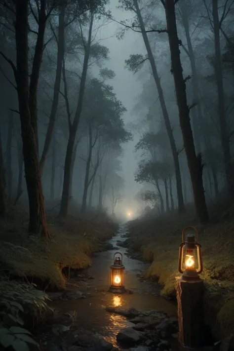 "A lone skeleton holding a glowing lantern, walking through a misty, dark swamp surrounded by twisted, barren trees. The faint golden glow of the lantern contrasts with the cold, gray fog, creating a mysterious and foreboding atmosphere."