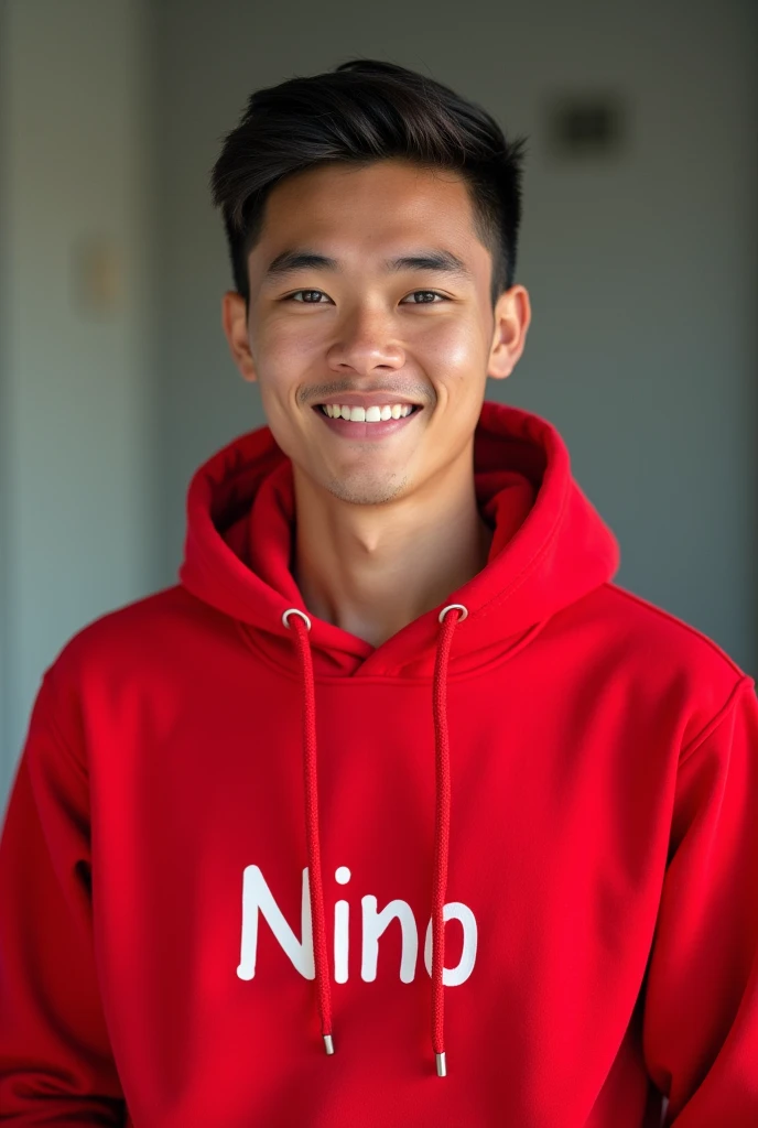 Malaysian guy  wearing red hoodie written NiNo