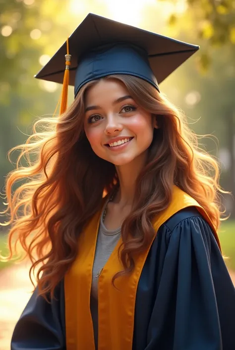 Create an avatar of a girl with frayed wavy brown hair wearing a graduation outfit