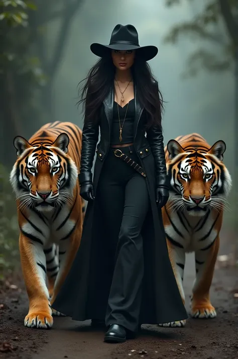 A long-haired woman in a black hat and wearing a leather jacket walks alongside tigers 