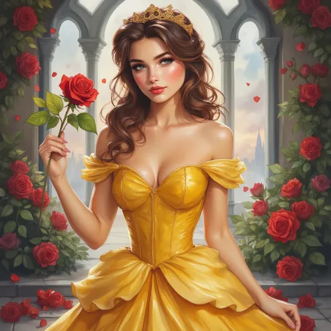 Belle, in her classic revealing yellow short dress, holding a red rose in a seductive way 