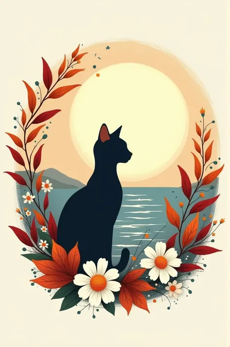 A logo with: cat, moon, sea, autumn, daisy