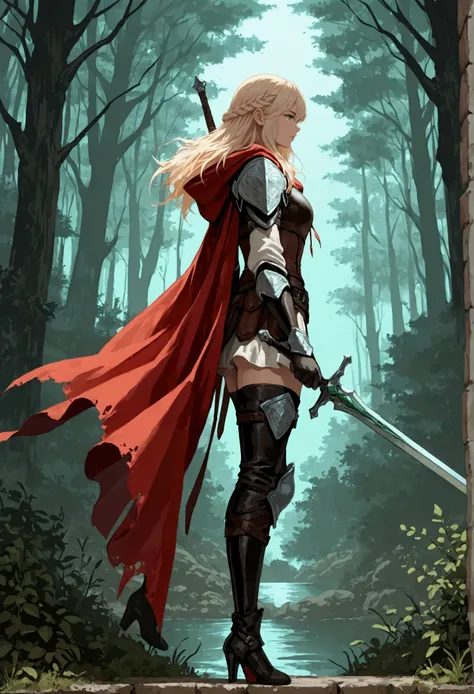 score_9, score_8_up, score_7_up, score_6_up, score_5_up, score_4_up, fantasy art, RPG art, Dark fantasy art, ultra wide shot, RAW, photorealistic, a picture of female human ranger, the ranger, an exquisite beautiful human woman, long blond hair, braided h...