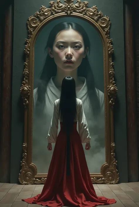 Image of a Vietnamese girl in feudal times, standing in front of a mirror of hatred, cold and determined eyes, clenched hands, showing determination.