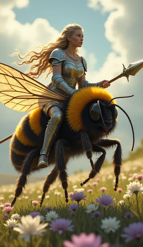 A fierce valkyrie with braided hair and shining silver armor rides atop a fuzzy bumblebee. She wields a spear crafted from a thorn, its tip glinting in the sunlight. The bumblebee buzzes above a field of white and purple clover flowers, each petal vividly ...