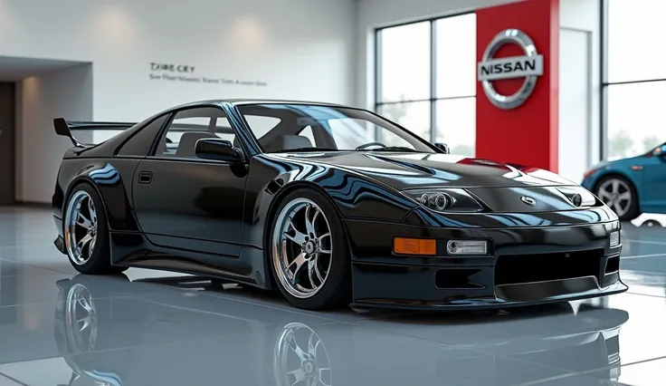 Generate a Realistic image of The 1990 Nissan 300ZX Twin Turbo black colour with silver rim   right  view with car showroom background with wall big logo of Nissan