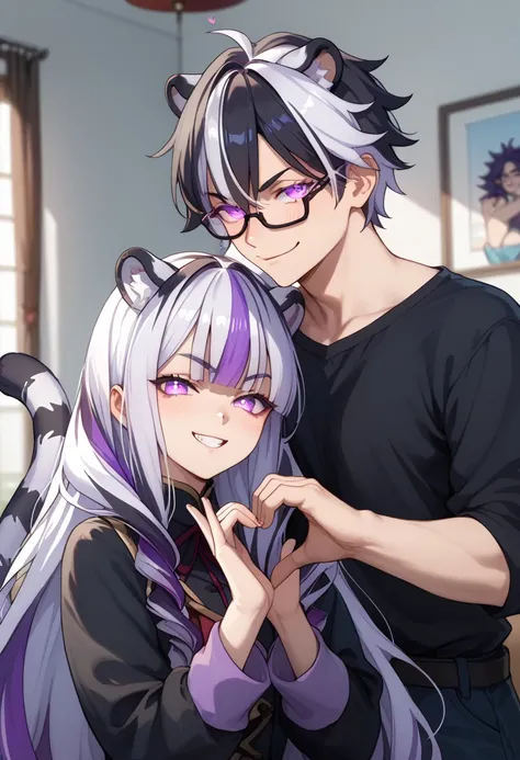 ((masterpiece)), 1boy, 1girl, long hair, white tiger ears, white tiger tail, purple eyes, girl about to Kiss boy, girl with white and black hair, boy with purple and white hair, boy wearing glasses, manic couple, multicolored hair, boy with messy hair, pur...