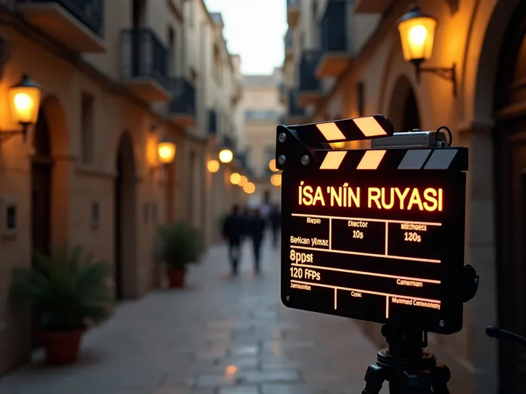 "On a digital film set, a high-tech clapperboard displays vivid details. The text reads İSANIN RÜYASI in bold, illuminated letters. Below it, Director: Berkcan Yılmaz and Cameraman: Muhammed Cipili are written in sleek fonts. The settings 120 FPS and 4K ar...