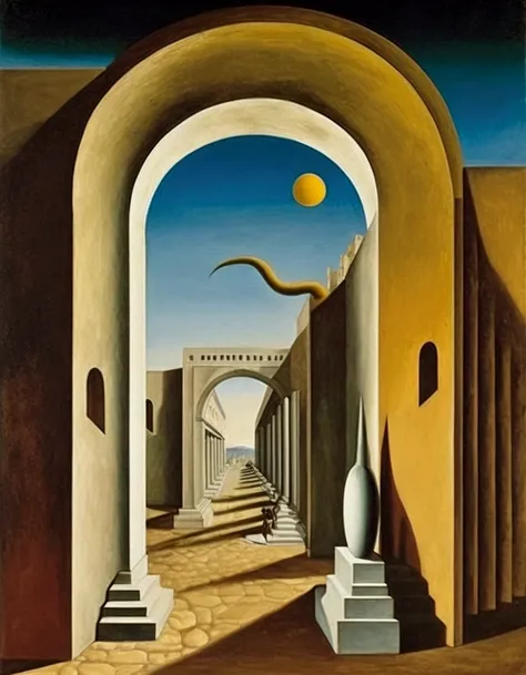 Surrealism and avant-garde art, Giorgio de Chirico art, style of Victor Brauner, Trick Art, Dreams and unconscious representations, psychoanalysis, mysticism, Classical architecture with arches, Ancient Greek sculpture, A long shadow is depicted, The left ...