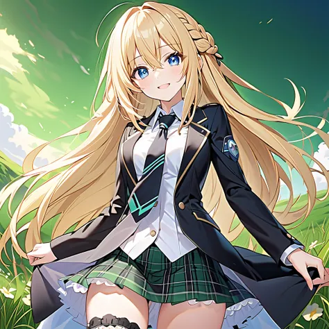 Green (Neptunia ), blonde hair, blue eyes, smile,long hair, french braid, sidelocks, small breasts, narrow waist, wide hips, (Black blazer:1.1)、(Regular necktie:1.1)、( black plaid mini skirt:1.1)、(bridal garter:1.５),grassland、blue sky、 cowboy shot leading ...