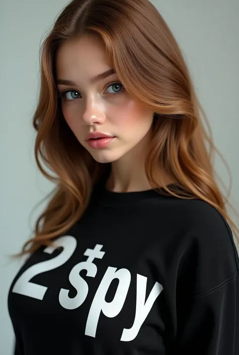 Femme châtain avec des mèches blondes cheveux lisses et long yeux bleus en gros plan avec un sweat avec écrit "2$py" en majuscule en gros sur son pull en noir avec rendu 3D