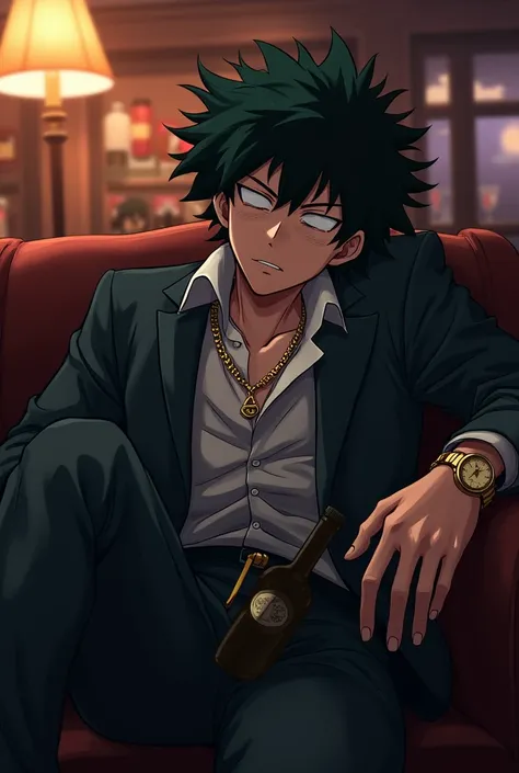 in a bar,    Deku an anime character called My Hero Academia is drunk sleeping   ,Deku is wearing a suit   ,   gold wristwatch and necklace    ,  He has unbuttoned fur and an untidy tie ,  he has a bottle of beer in his hand because he fell asleep right af...