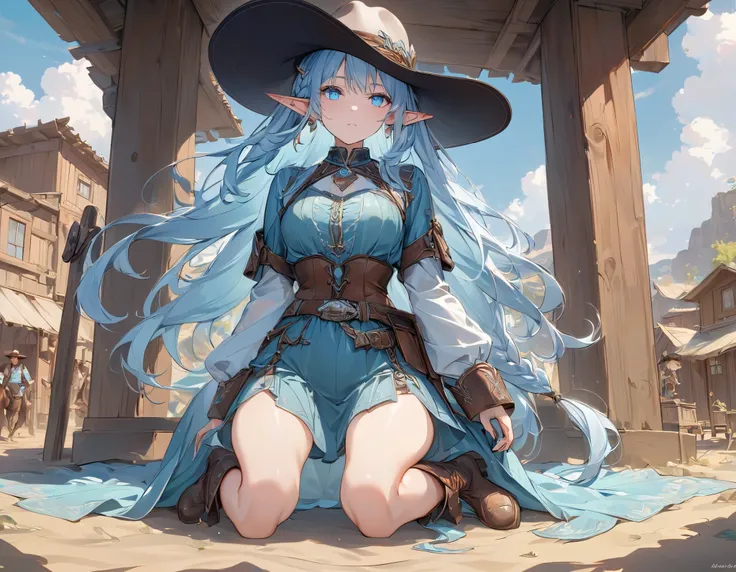 (((Best quality, 8k, Masterpiece: 1.3)), ((best quality)), ((masterpiece)), (detailed), perfect face, (detailed skin:1.3), (intricate details), Detailed eyes, elf, pointed ears, light blue hair, french braid, jewelry, earrings, Cowboys, cowboy hats, gunsli...