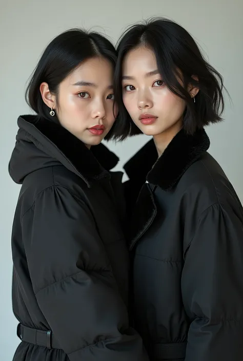  beautiful Korean women with good ratios、 black hair、 Hairstyle shortcuts、、Ear piercing、黒い down jacket、smile、 beautiful alignment of teeth、 trainer、 upper body、 Neutral Backgrounds 、 frontal angle

