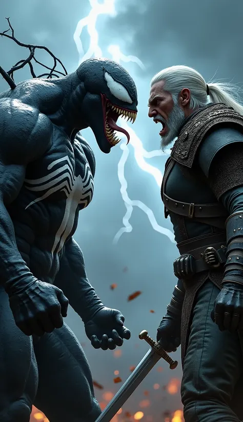 "An intense confrontation between Venom and Geralt of Rivia. Both are depicted in full detail, standing aggressively in a face-off. Venom, with his muscular, black, slimy body and white spider emblem, snarls with sharp teeth and glowing white eyes. Geralt,...