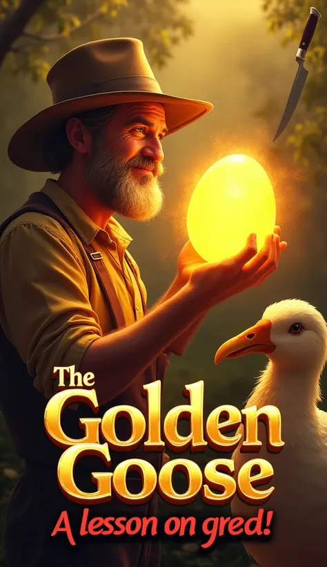 "A striking thumbnail showing a golden egg in the farmers hand glowing brightly. Next to him, the magical goose looks calm and innocent. In the background, a knife is seen ominously, hinting at greed. The title The Golden Goose is in bold, shiny letters, w...